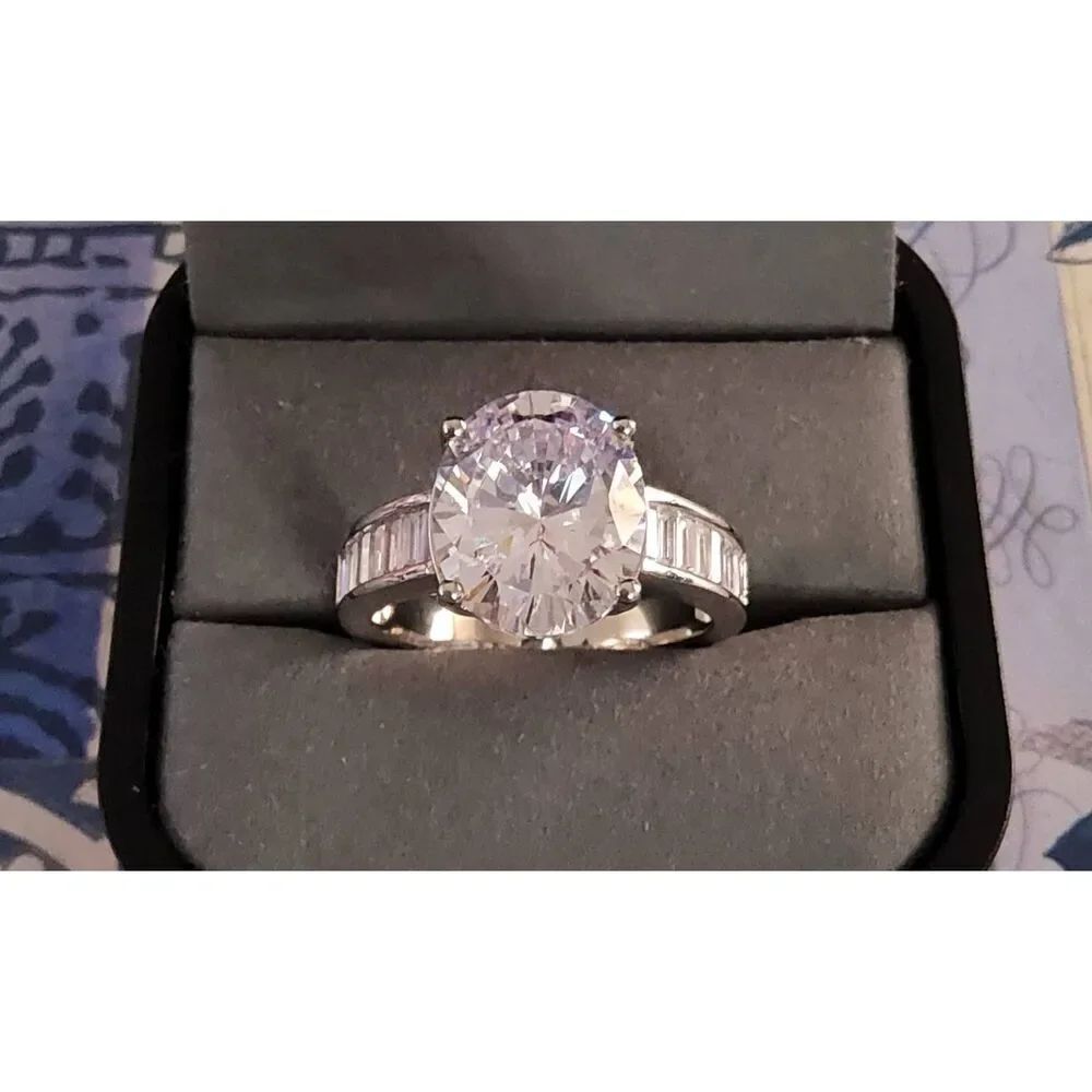 6 Carat Oval & Baguette Cut Simulated Diamond Bridal Engagement Ring Sz 8